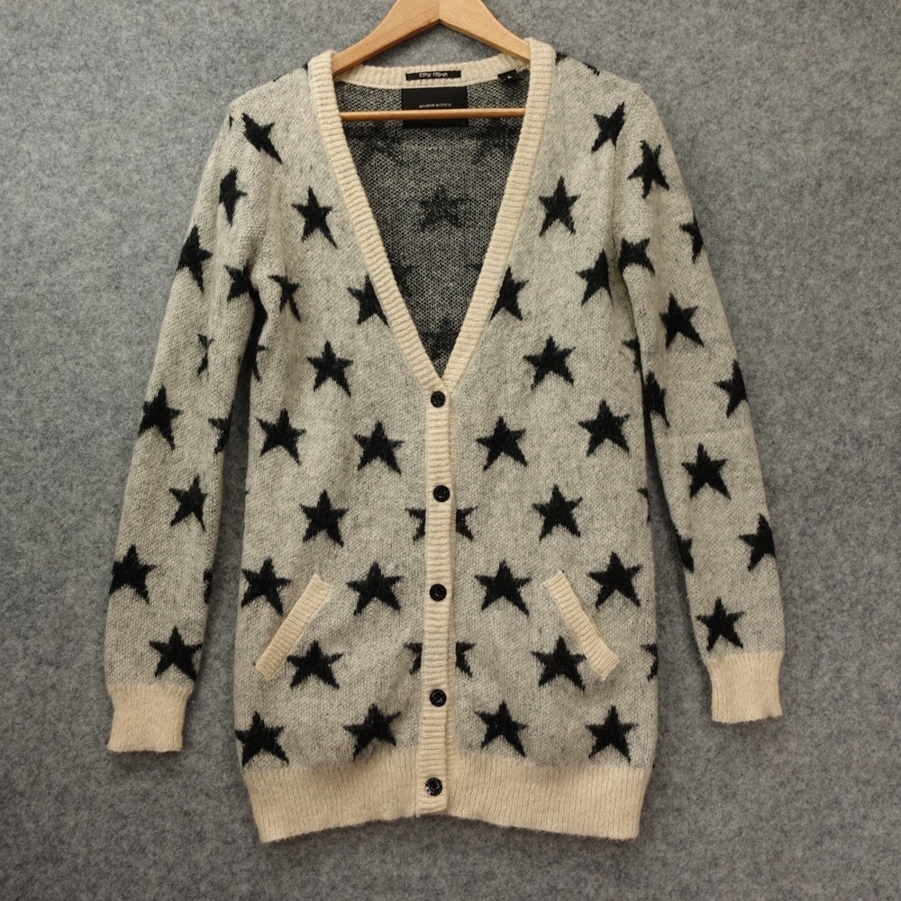 MAISON SCOTCH 1 Womens Star Cardigan SMALL Cream Black Mohair Long Indie‎ Sleaze
